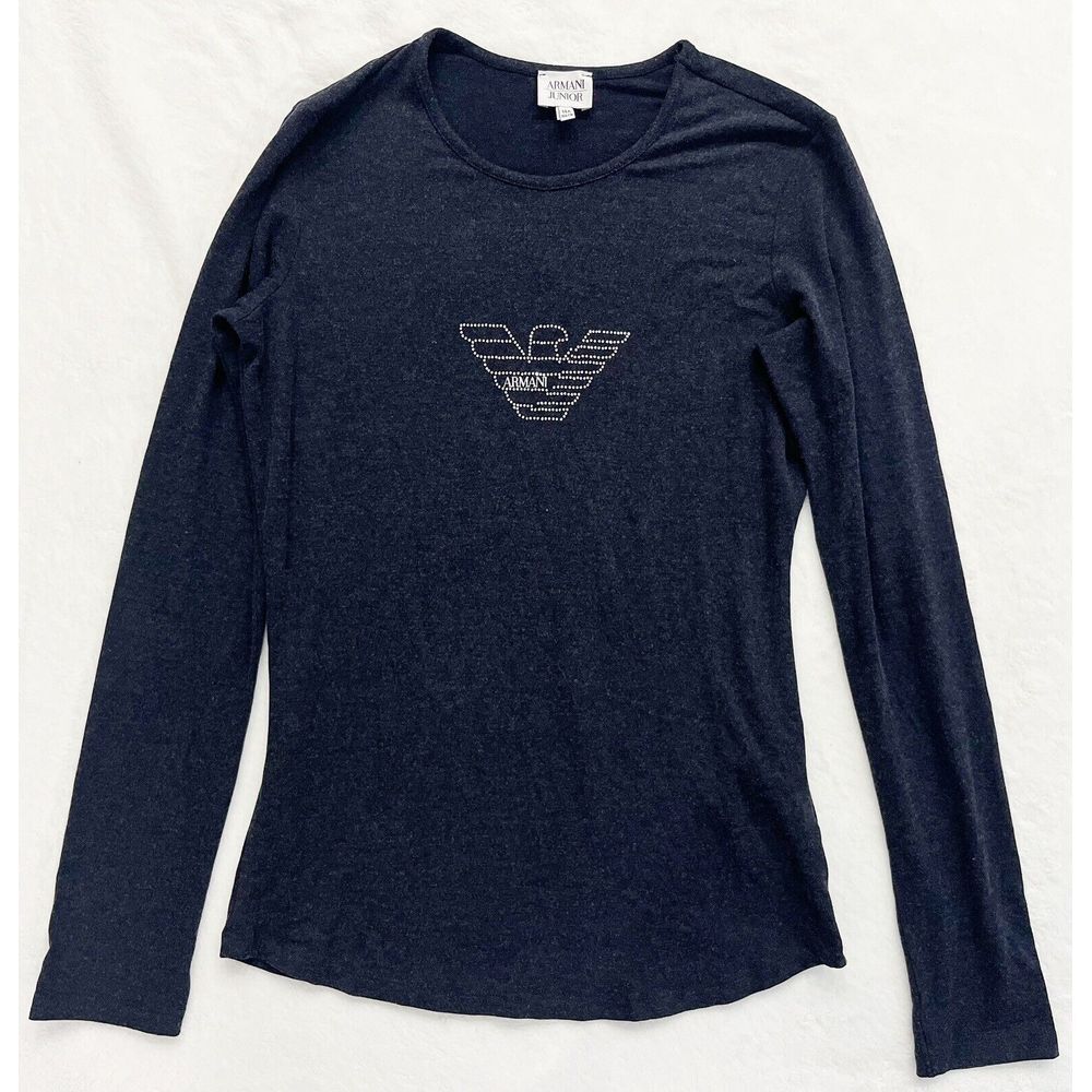 EUC! Armani Junior Girls‎ Youth Rhinestone Logo Long Sleeve Shirt Gray Sz 14